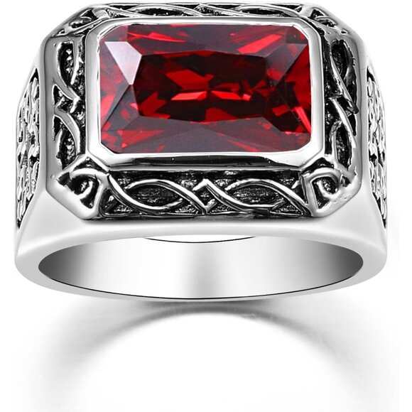 ⭐ Men's Stainless Steel Emerald Ring - Celtic Vintage Signet Wedding Band - Picture 2 of 8